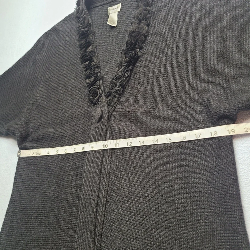 Chico's Cardigan Women Size 2 Black Excellent Rosette Trim Short Sleeve Knit